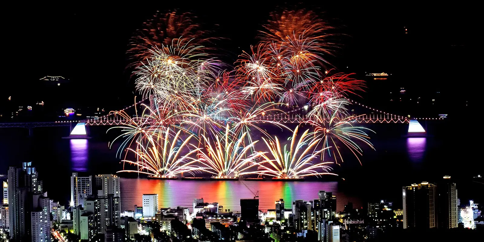 Fireworks bursting over Gwangalli Beach and the Gwangandaegyo bridge during the Busan International Fireworks Festival